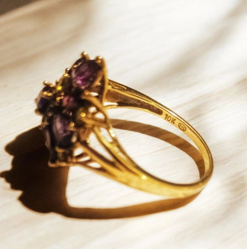 Anel peridoto granada ametista ouro 10k • Anel de coquetel cluster • Tamanho 9 natural - Imagem 4 de 4