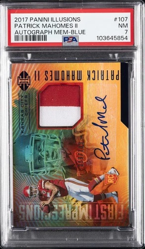 2017 PANINI ILLUSIONS AUTO MEM-BLUE PATRICK MAHOMES II ROOKIE RC 89/100 PSA 7