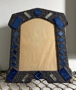 Art Deco Glitter Cobalt Mirror Arched Picture Frame Tramp Folk Handmade Antique