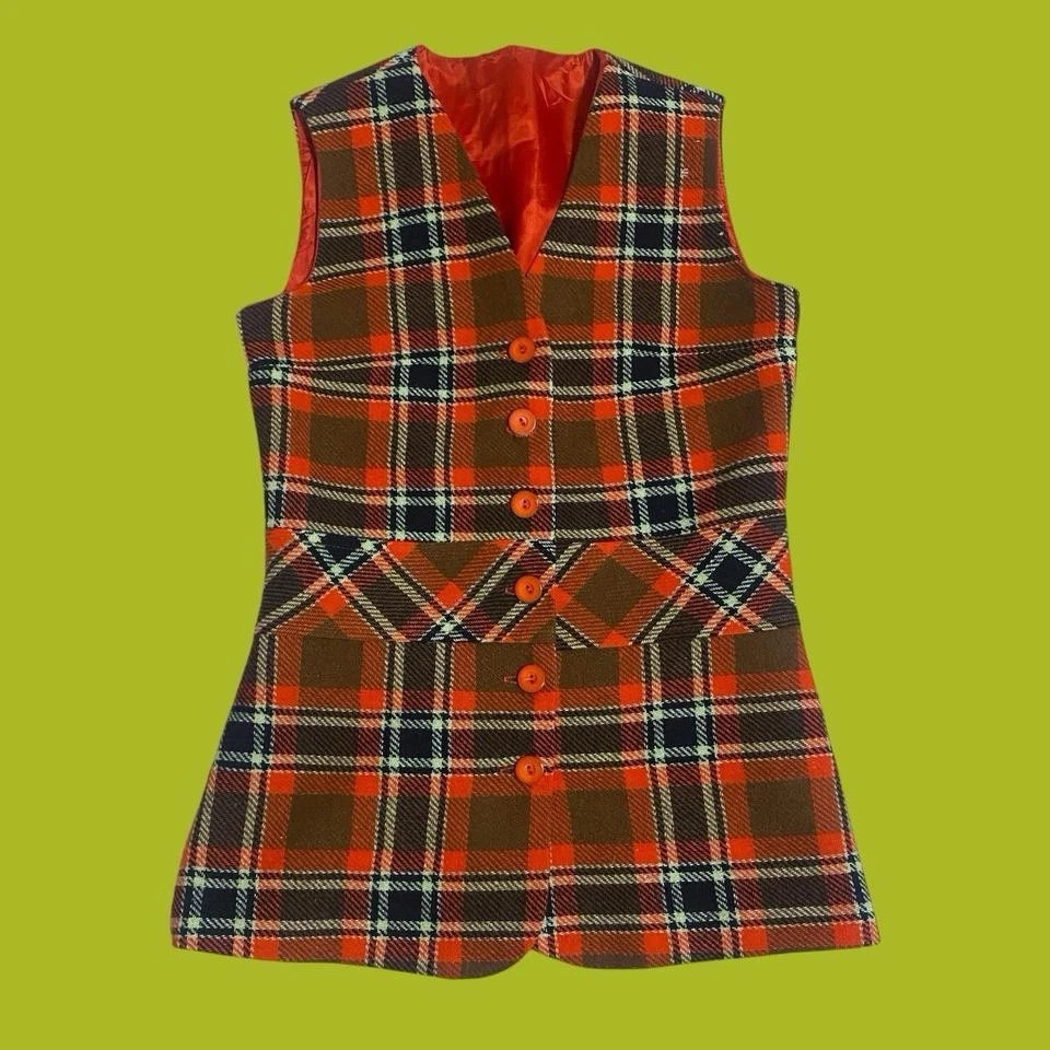 Vintage 60s 70s 2 Piece Mini Skirt And Vest Plaid Set XS - Image 2 of 4