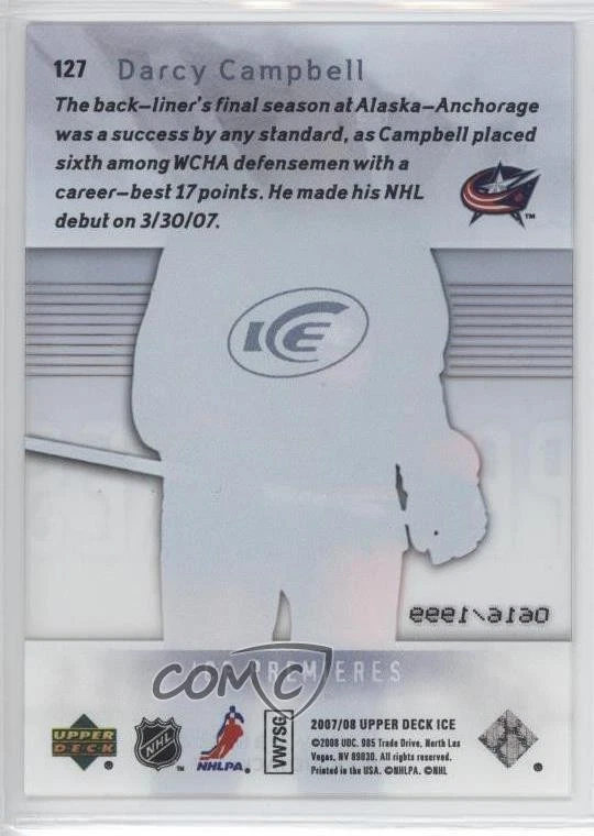 2007-08 Upper Deck Ice Premieres /1999 Level 1 Darcy Campbell #127 Rookie RC - Image 2 of 2