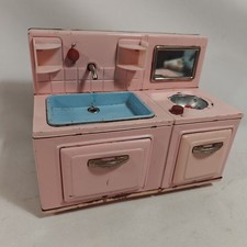 Vintage Small Pink Childs Play Kitchen Sink Stove Oven Cabinet Metal Tin