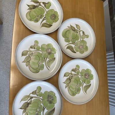 Vintage Denby Troubadour Speiseteller x 5 Durchmesser 26 cm 10'' grün botanisch 