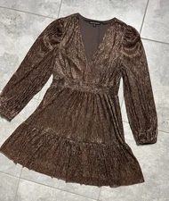 Boston Proper Bronze Metallic Plisse Long Sleeve A Line Cocktail Dress New 12