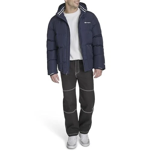 CHAMPION MEN'S QUILTED FULL-ZIP HOODED PUFFER JACKET MEN M PEACOAT PATCH POCKET