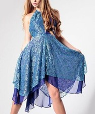 BLUE metallic lace overlay HALTER DRESS FairyCore - size 12 - ColorBlock chiffon