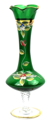 Emerald Green Bohemian Glass Hand Painted Bud Vase