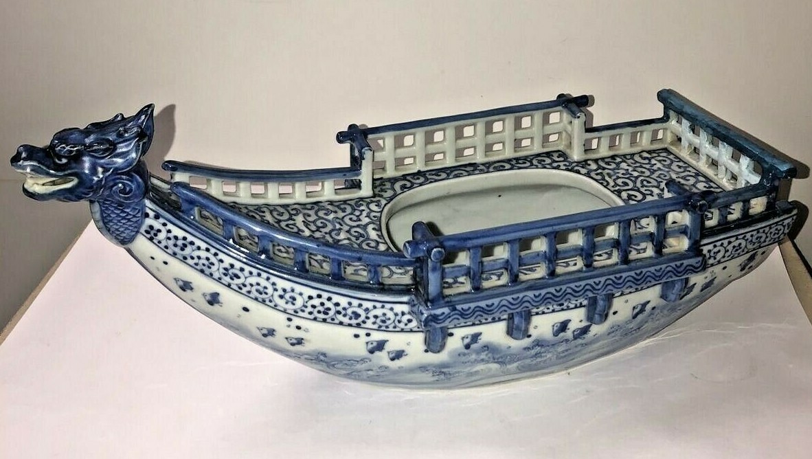 Antique/ Vintage Chinese Blue & White Porcelain Boat | eBay
