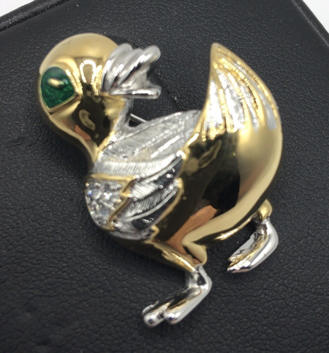 Vintage NOS Carucci Baby Duck Small Pin - Two Tone with Crystals and Green Eyes - Picture 3 of 8
