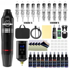 Wireless Tattoo Machine Includes Ink Cartridge Needle Fake Skin Kit for Beginner