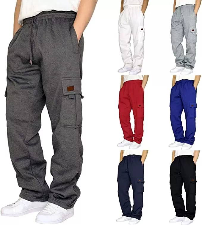 Men's Fleece Lined Cargo Sweatpants Open Bottom Straight Leg