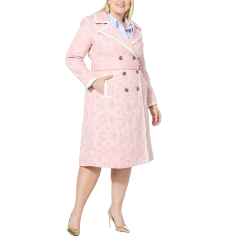 Plus 1X Barbie Pink Petal Trench Coat Faux Leather Trim Eyelet New Kathy Ireland - Afbeelding 1 van 3