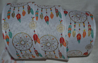 Wired Ribbon~Native American Dreamcatcher~Feather~Orange~Blue~Gold~2.5''~Gift~Bow