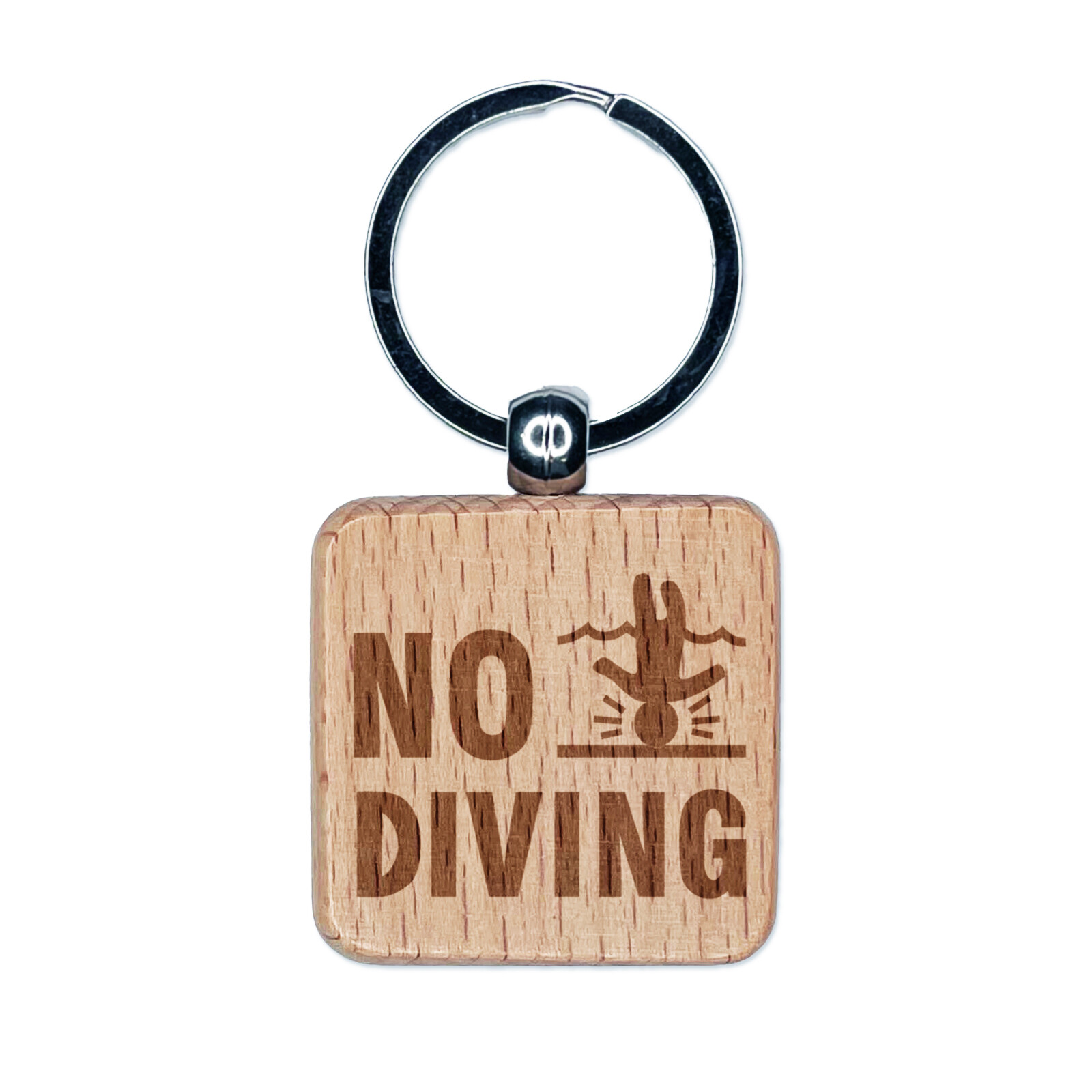 No Diving Swimming Head Injury Engraved Wood Square Keychain Tag Charm