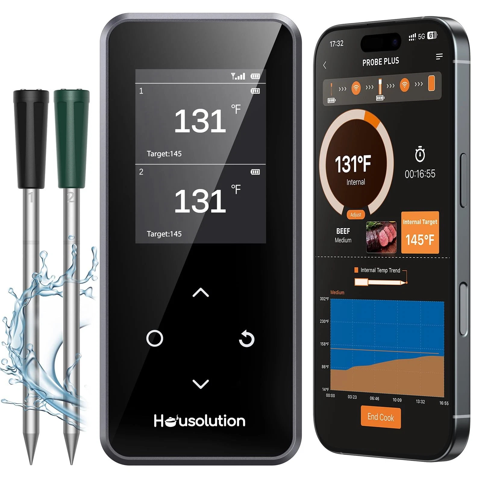 Housolution Wireless Bluetooth Meat Thermometer Smart App 6 Sensors LCD