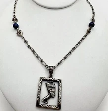 VTG Silver Egyptian Nefertiti Pharaoh Queen Necklace Blue Glass/stone Beads HTF