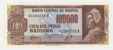 Bolivia 100000 Pesos Bolivianos 1984 Pick 171 UNC Uncirculated Banknote Serial B
