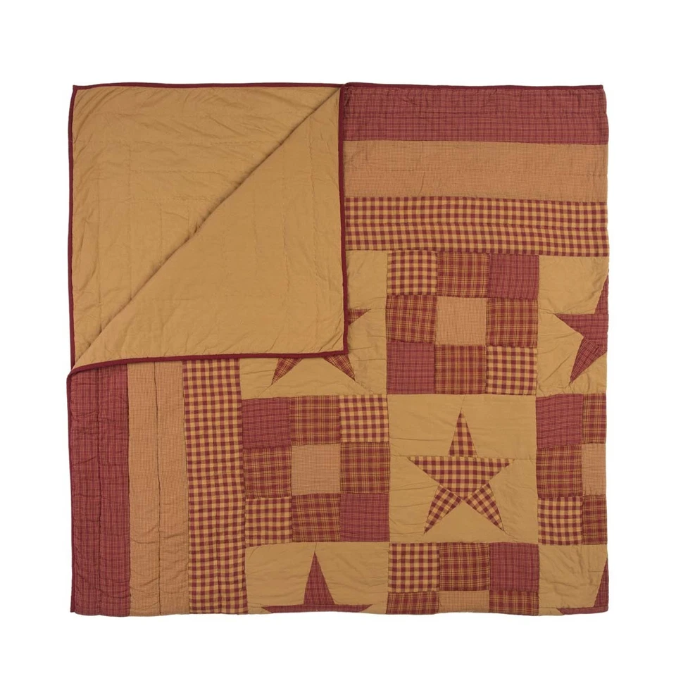 Primitive King Quilt Red Patchwork Ninepatch Star Bedroom Decor VHC Brands - Image 4 of 4