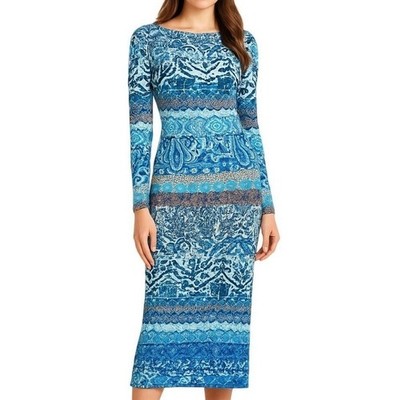 Antonio Melani Midi Bodycon Dress Size 2 Monochrome Blue Boho Print Long Sleeve