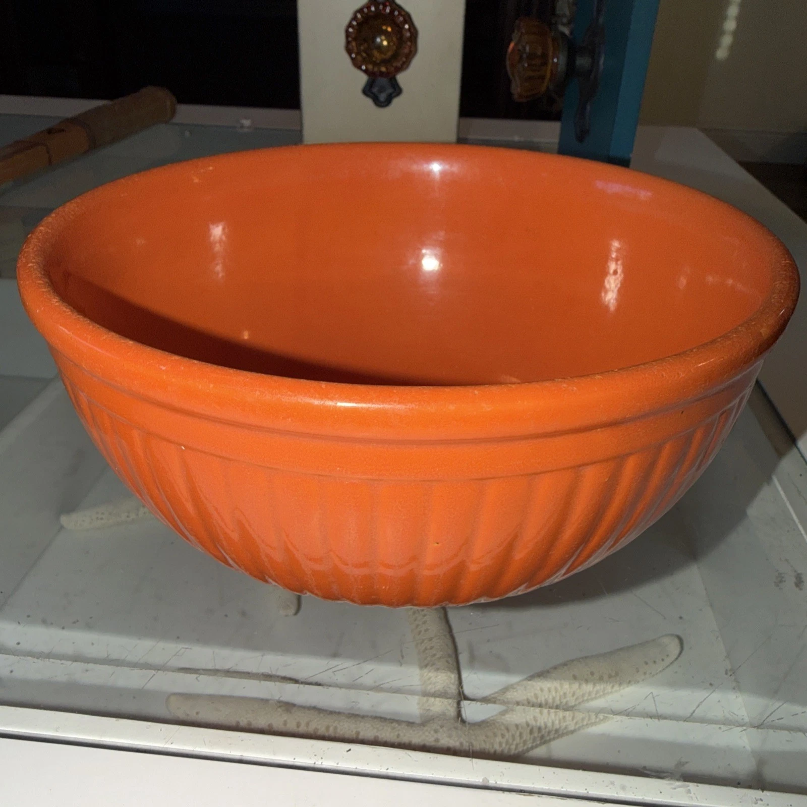 Stoneware Mixing Bowls Unique Antique Orange Ribbed 8.5”X 4.5” Farmhouse Kitchen