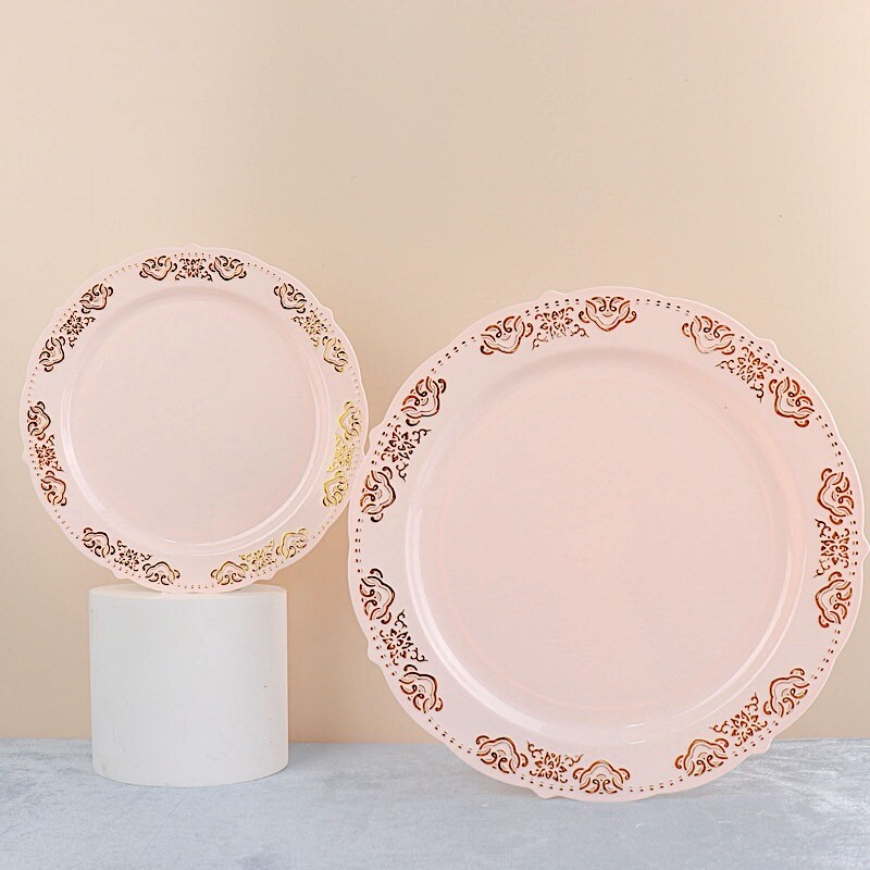 8 in Blush Round Salad Plates Gold Trim Wedding Party Disposable Supplies Bulk
