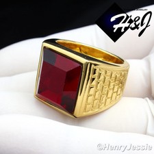 MEN's Stainless Steel Gold Plated Square RED Cubic Zirconia Ring Size 8-13 R81