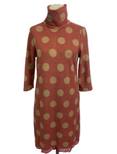 CRISTINA GAVIOLI DRESS S 8 10 RUST BEIGE Polka Dot Knitted Jersey Lace Hem Shift