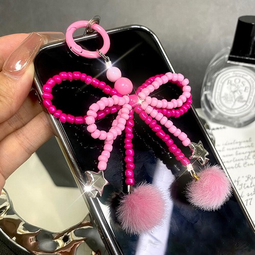 Pink Bow Beaded Mobile Phone Lanyard Sweet Bow Keychain Pendant S❤B - Picture 5 of 16