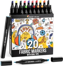 Zenacolor Fabric Markers, Dual Tip, Fine+Chisel Point, 20 Vivid Permanent Colors