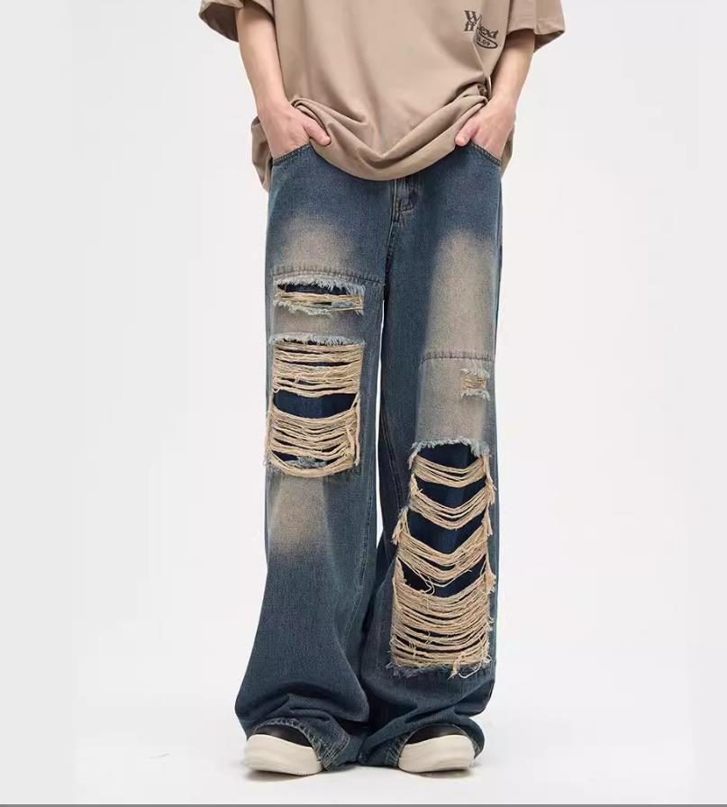パンツ INSIDE RIPPED HOLE PANTS Men's Blue Black Denim Jeans Straight Leg Ripped Holes Pants Punk