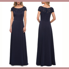 NWT 429 La Femme 6 Embellished Embroidered Gown in Navy Blue G1025