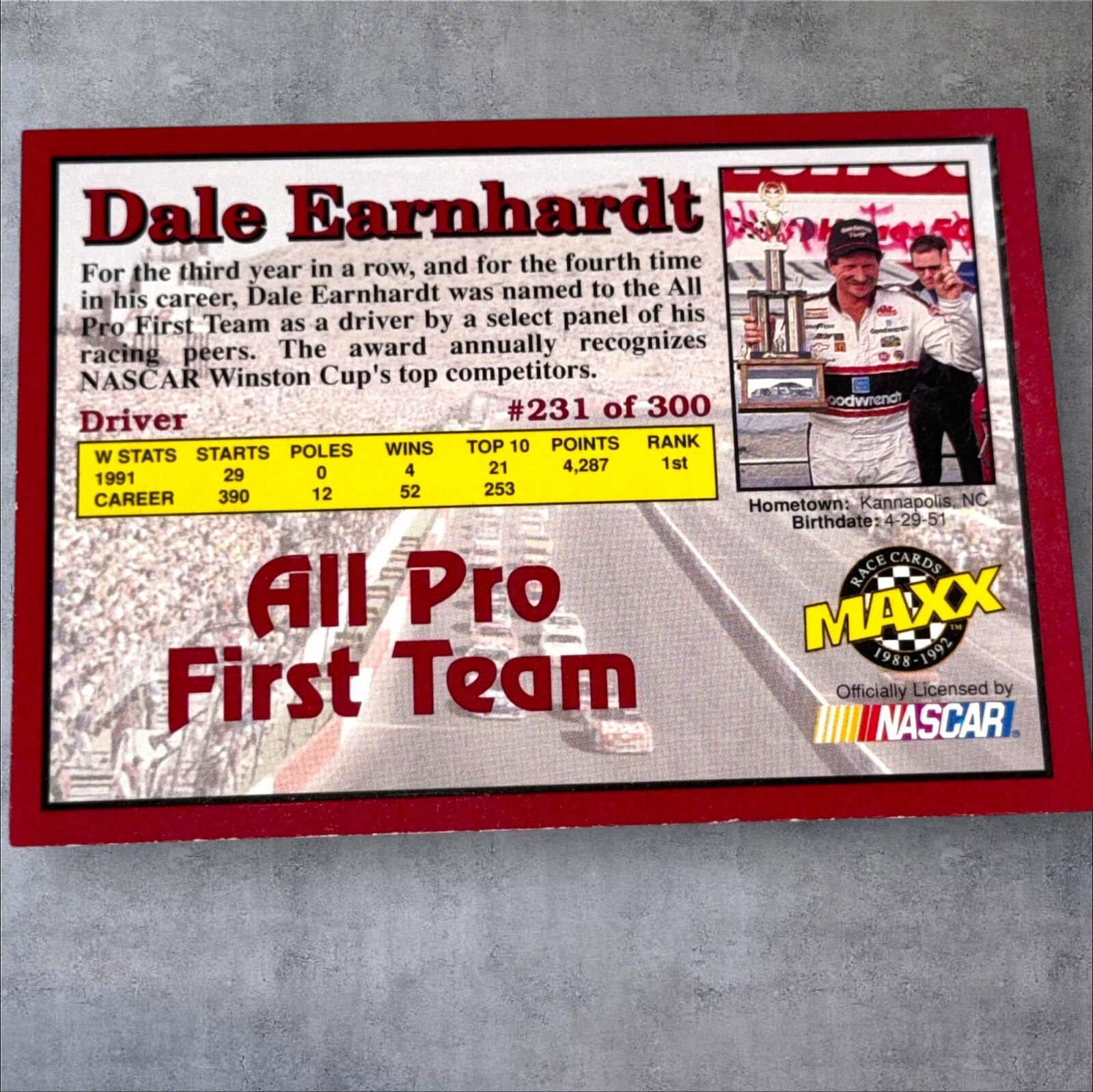 Dale Earnhardt NASCAR HOFer ALL PRO signed card 1992 MAXX #231 VINTAGE CHAMPION view 2