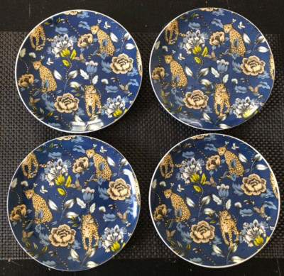 S/4 EATON Leopards on Blue 7 1/2'' Salad or Dessert Plates -- NWT