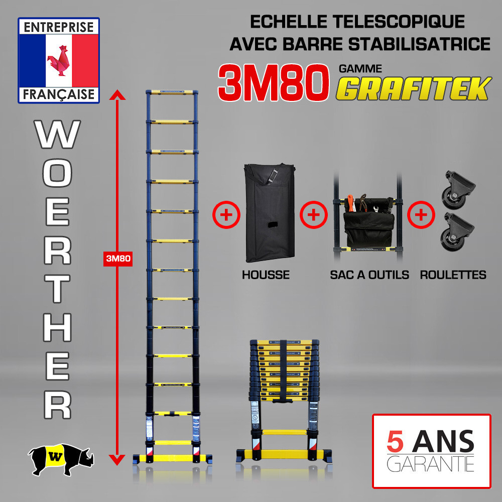 Échelle télescopique 3m80 Woerther avec roulettes pour travaux de maison