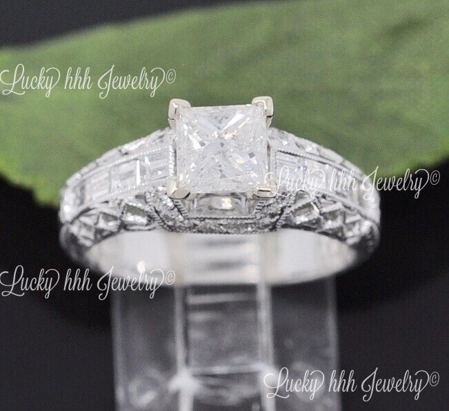 1.60 ct 18k  White Gold Natural Diamond Ring Baguette Princess cut Engagement