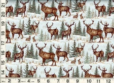 Deer Bucks & Rabbits in Pine Tree Fields Quilting Sewing Fabric by Yard #548  DP