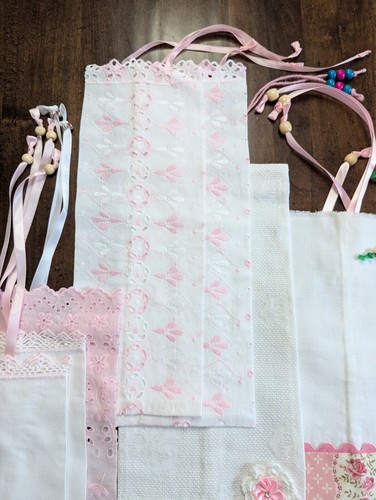LOT/18 diff FLAT BAGS hm w/up-cycled VTG Linens/Fabrics PINKS-WHITES x DIY Gifts - Picture 6 of 14