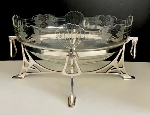 Art Nouveau Secessionist Siver Plate & Handcut Glass WMF Style Centerpiece Bowl