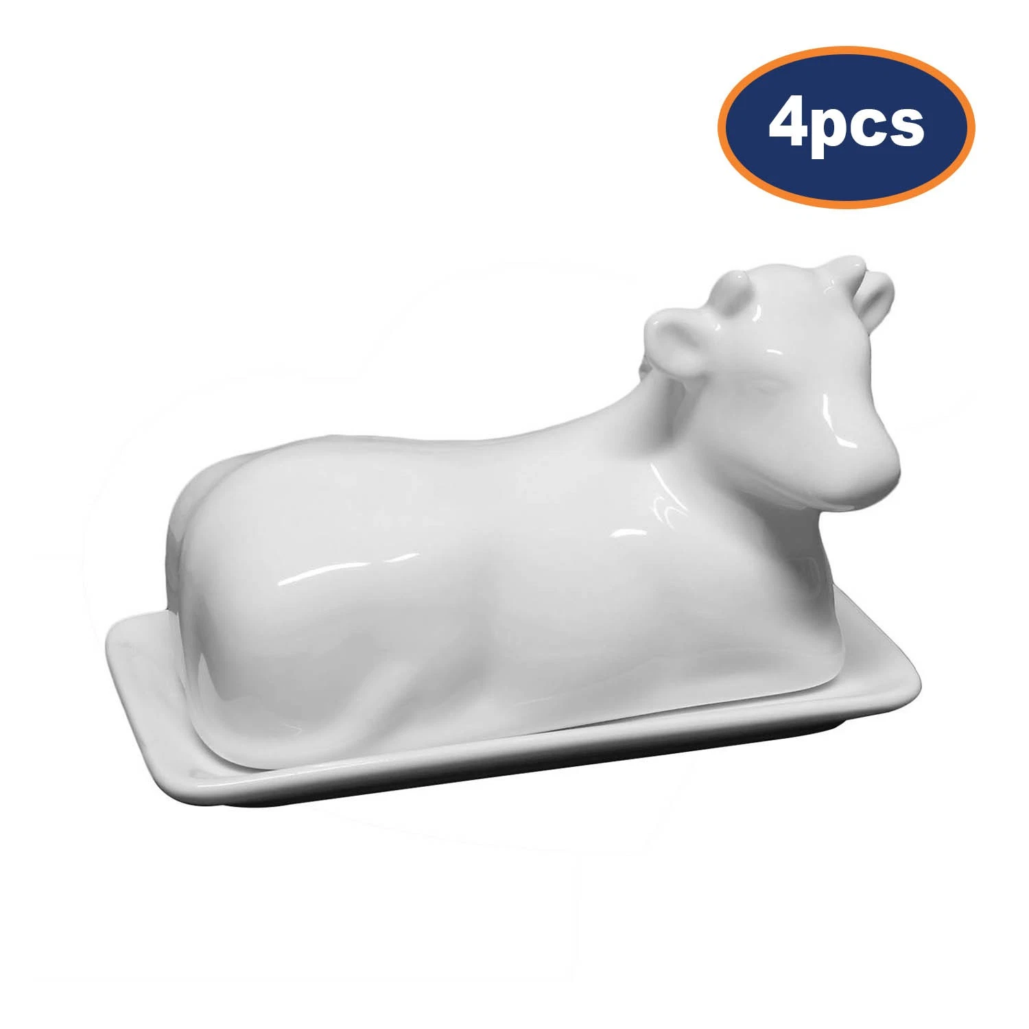 4Pcs Cow Butter Dish Porcelain Traditional Sitting Cow Belly Shape Covered White