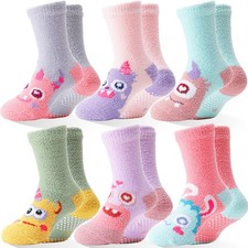 ANTSANG Kids Girls Toddlers Fuzzy Socks Grips, Crew Socks 6 Pairs
