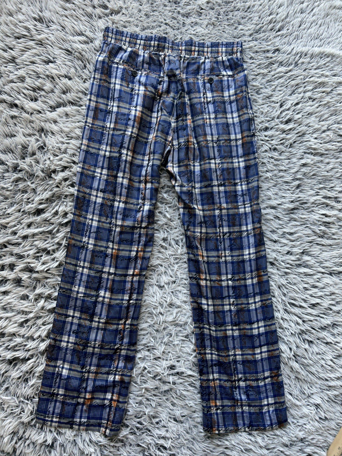 Burberry Pants Womens 6 Blue Silk Scribble Stripe Check Sideline Canvas Trousers