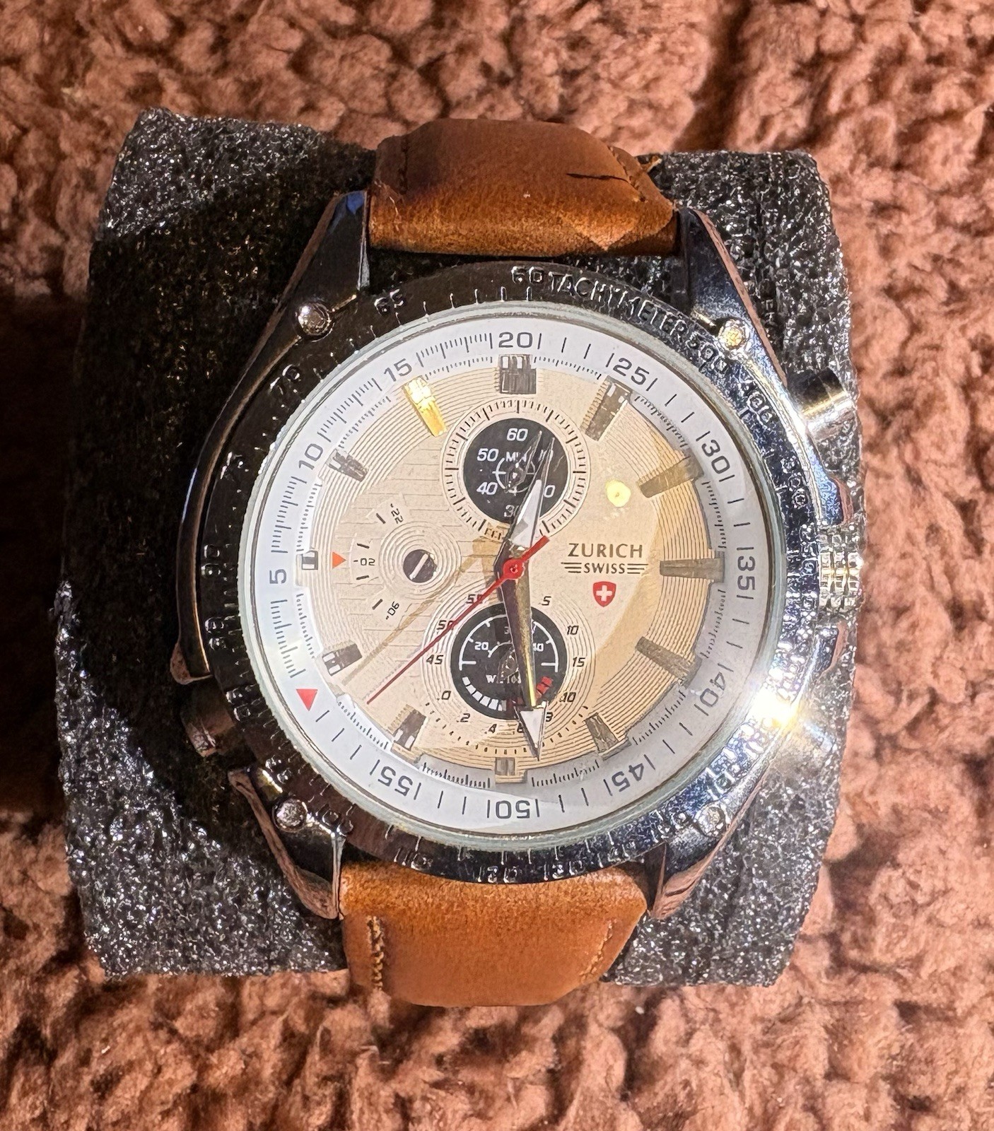 Zurich Swiss Chronograph Wristwatch Brown Leather Strap Silver Case White Dial