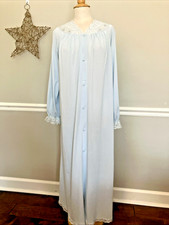 Vtg SHADOWLINE Sz M Full Length Pale Blue Nightgown Long Sleeve Lace Embroidery