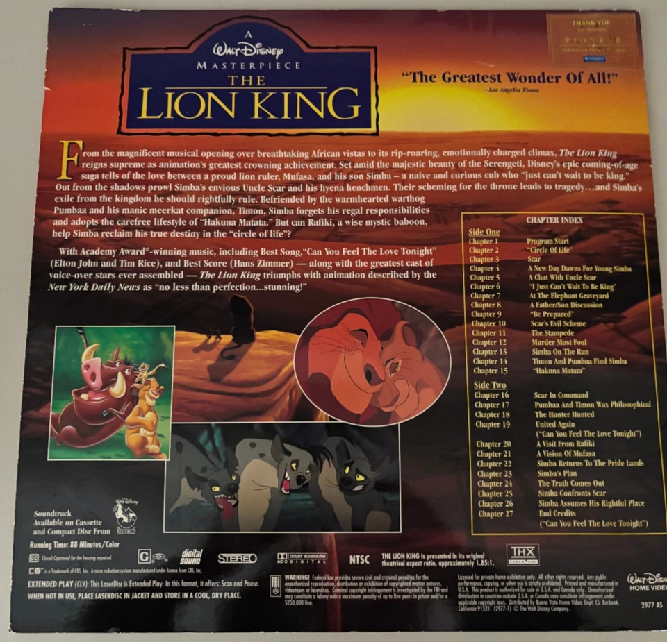 Disney's The Lion King 1994 Laserdisc Letterbox In Shrink - Used -FREE SHIPPING - Image 3 of 4