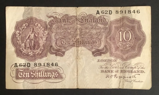 Banknote Of England Ten Shillings Mauve KO. Peppiatt. A62D. First Series.