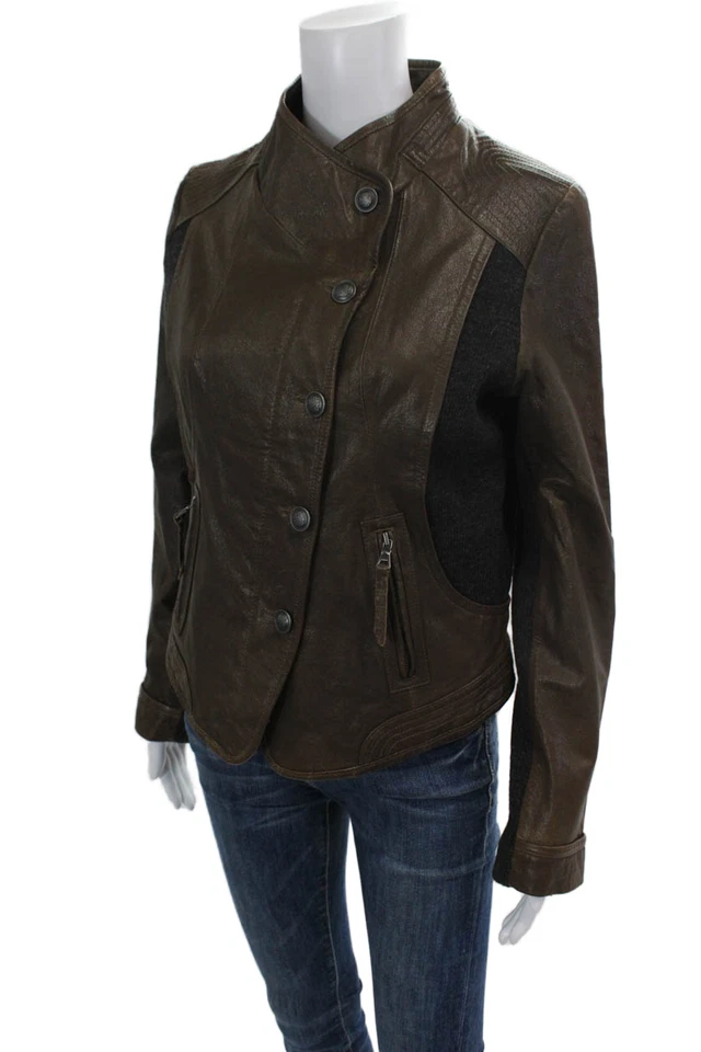 Chaqueta para mujer Via Spiga manga larga forrada de cuero con cremallera completa marrón talla M Foto 3 de 4