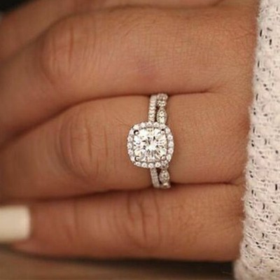 2 Ct Cushion VVS1 Diamond Halo Bridal Set Engagement Ring 14K White Gold Finish