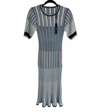 NWT Elie Tahari Short Sleeve Crochet Knit Midi Dress Mineral Blue Striped Small