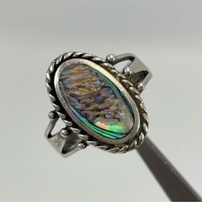 925 Sterling Silver Abalone Shell Oval Cut Boho Art Deco Ring Vintage Look 6.25