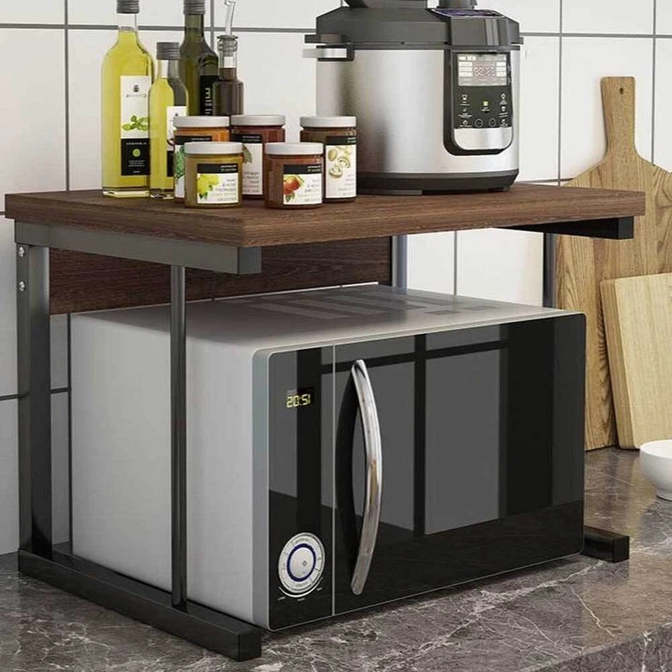 Scaffale Mensola Cucina Mobiletto Porta Microonde con Ripiano Metallo Legno Noce - Immagine 4 di 4